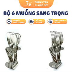 BỘ 6 MUỖNG, NĨA INOX 304 VÀ GIÁ ĐỠ ĐỂ BÀN (TV1527)