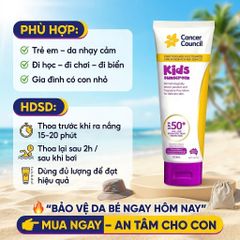 Kem Chống Nắng Cho Bé Cancer Council Kids SPF50+ 110ml Dịu Nhẹ Chống Nước Không Hương Liệu Cho Da Bé