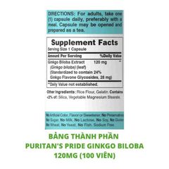 Viên uống tuần hoàn não, bổ não Ginkgo Biloba 120mg Puritan's Pride