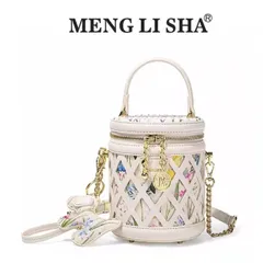 (Hàng V.I.P LIMITED - KHÔNG HỘP) - Túi xách Nữ MENGLISHA Màu Trắng, Thiết Kế Họa Tiết Hoa Văn, Dáng Trụ Tròn