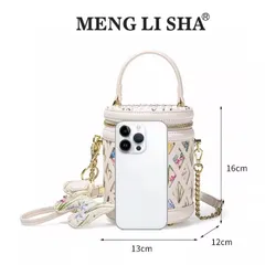 (Hàng V.I.P LIMITED - KHÔNG HỘP) - Túi xách Nữ MENGLISHA Màu Trắng, Thiết Kế Họa Tiết Hoa Văn, Dáng Trụ Tròn
