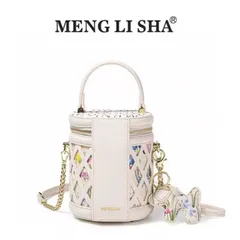 (Hàng V.I.P LIMITED - KHÔNG HỘP) - Túi xách Nữ MENGLISHA Màu Trắng, Thiết Kế Họa Tiết Hoa Văn, Dáng Trụ Tròn