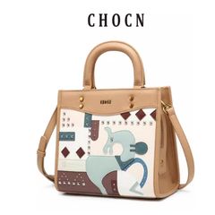 Túi Xách Nữ C.H.O.C.N Thiết kế DÁNG VUÔNG thêu họa tiết lạ mắt, dễ thương DA THẬT
