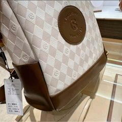 (HÀNG V.I.P) Balo Da CELLIS KISS Size Lớn Đựng Tài Liệu, LAPTOP, Họa Tiết Caro Màu Kem Phối Nâu, Backpack Da Chống Nước