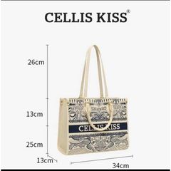 (Hàng V.I.P LIMITED - NO BOX) - Túi xách Tote Nữ CELLIS KISS sức chứa lớn họa tiết thêu thời thượng, đẳng cấp, màu xanh