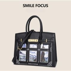(Hàng V.I.P LIMITED) - Túi xách nữ SMILE FOCUS thời thượng, họa tiết tranh vẽ cổ điển, size lớn, đựng nhiều đồ, màu đen