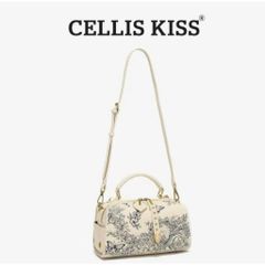 (Hàng V.I.P LIMITED - FULLBOX HÃNG) - Túi xách nữ CELLIS KISS thiết kế túi hộp họa tiết 8D, Màu kem bag xanh, Sang trọng