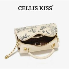 (Hàng V.I.P LIMITED - FULLBOX HÃNG) - Túi xách nữ CELLIS KISS thiết kế túi hộp họa tiết 8D, Màu kem bag xanh, Sang trọng