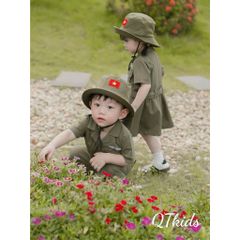 Set bộ xanh bộ đội Việt Nam 30/4 2/9 tặng kèm mũ cho bé trai bé gái mặc đi chơi lễ quốc khánh 8-28kg