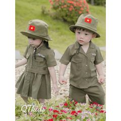 Set bộ xanh bộ đội Việt Nam 30/4 2/9 tặng kèm mũ cho bé trai bé gái mặc đi chơi lễ quốc khánh 8-28kg