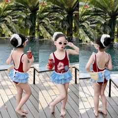 Set ba chi tiết bikini kèm quây kẻ ren và dây chun buộc tóc xinh xắn đáng yêu mùa hè mặc đi bơi cho bé gái 8-28kg