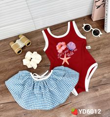 Set ba chi tiết bikini kèm quây kẻ ren và dây chun buộc tóc xinh xắn đáng yêu mùa hè mặc đi bơi cho bé gái 8-28kg