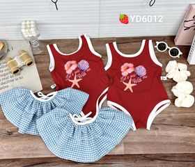 Set ba chi tiết bikini kèm quây kẻ ren và dây chun buộc tóc xinh xắn đáng yêu mùa hè mặc đi bơi cho bé gái 8-28kg