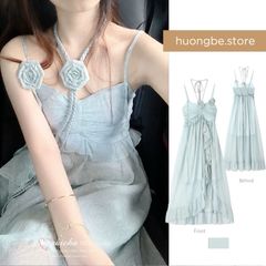[sẵn] Đầm maxi thiết kế hai dây màu xanh pastel, chất voan hoa hồng, dáng dàu xẻ tà phối bèo 2025