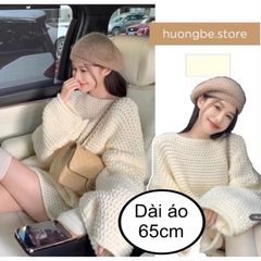 [san]Áo len suông dệt kim sợi to, màu trắng BASIC, dáng dài 65cm, cổ ngang lệch vai, tay áo dài suông rộng