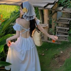 [sẵn] Đầm, Váy trắng Lolita đi biển, hở lưng, dáng dài, bó eo, nhún bèo tầng, cộc tay,tay phồng, cổ vuông, chất thô Nhật