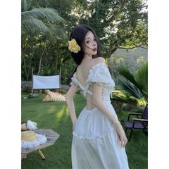 [sẵn] Đầm, Váy trắng Lolita đi biển, hở lưng, dáng dài, bó eo, nhún bèo tầng, cộc tay,tay phồng, cổ vuông, chất thô Nhật