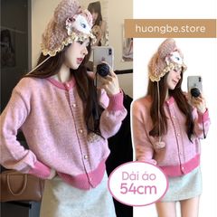 [có size] Áo khoác len hồng, cổ tròn, dài tay, cách điệu mẫu mới 2024