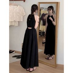 Váy đi biển, đầm Maxi 2 dây đen chấm pi hở lưng, 2 lớp, dễ thương phong cách Hàn Quốc