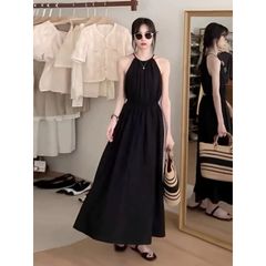 Váy đi biển, đầm Maxi 2 dây đen chấm pi hở lưng, 2 lớp, dễ thương phong cách Hàn Quốc