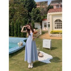[sẵn] Váy đi biển, đầm maxi hai dây đi du lịch, hở lưng, 2 lớp,màu xanh pastel