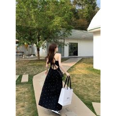 Váy đi biển, đầm Maxi 2 dây đen chấm pi hở lưng, 2 lớp, dễ thương phong cách Hàn Quốc