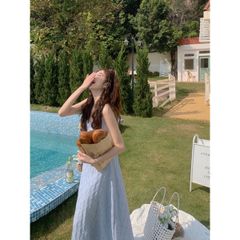 [sẵn] Váy đi biển, đầm maxi hai dây đi du lịch, hở lưng, 2 lớp,màu xanh pastel