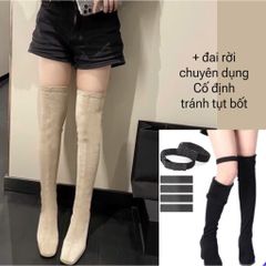[size35-41] Bốt đùi qua gối, mũi vuông,chất da lộn, lót lông bên trong, gót vuông, trẻ trung Hàn Quốc 6,5cm