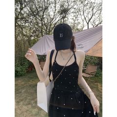 Váy đi biển, đầm Maxi 2 dây đen chấm pi hở lưng, 2 lớp, dễ thương phong cách Hàn Quốc