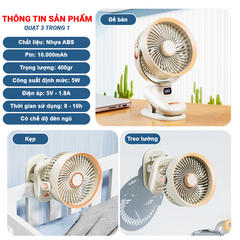 Hàng Cao Cấp - Quạt tích điện, Quạt kẹp mini hẹn giờ có đèn ngủ chỉnh tốc độ gió Pin dung lượng cao 20.000mah NA12