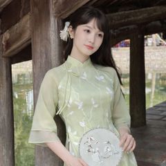 Áo Dài Cách Tân Nữ Voan Kính Thêu Hoa Nhí Cao Cấp - Thiết Kế Sang Trọng Đi Tiệc, Lễ Tết