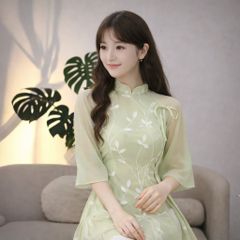 Áo Dài Cách Tân Nữ Voan Kính Thêu Hoa Nhí Cao Cấp - Thiết Kế Sang Trọng Đi Tiệc, Lễ Tết