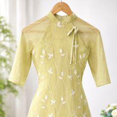 Áo Dài Cách Tân Nữ Voan Kính Thêu Hoa Nhí Cao Cấp - Thiết Kế Sang Trọng Đi Tiệc, Lễ Tết
