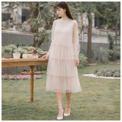Đầm Ulzzang chấm bi cổ trụ nhiều tầng
