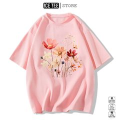 Áo Thun Nữ, Áo Phông Nam Nữ Unisex Tay Lỡ ICETEE Mã i49 Hình in Đóa hoa Cute Chất Cotton Form Rộng Phong Cách Ulzzang