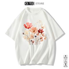Áo Thun Nữ, Áo Phông Nam Nữ Unisex Tay Lỡ ICETEE Mã i49 Hình in Đóa hoa Cute Chất Cotton Form Rộng Phong Cách Ulzzang