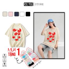 Áo Thun Nữ, Áo Phông Nam Nữ Unisex Tay Lỡ ICETEE Mã i40 Hình in Bông Sen Cute Chất Cotton Form Rộng Phong Cách Ulzzang