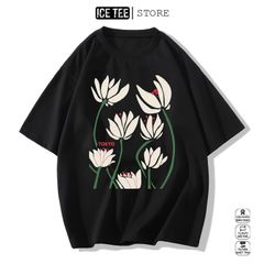 Áo Thun Nữ, Áo Phông Nam Nữ Unisex Tay Lỡ ICETEE Mã i40 Hình in Bông Sen Cute Chất Cotton Form Rộng Phong Cách Ulzzang