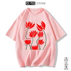 Áo Thun Nữ, Áo Phông Nam Nữ Unisex Tay Lỡ ICETEE Mã i40 Hình in Bông Sen Cute Chất Cotton Form Rộng Phong Cách Ulzzang