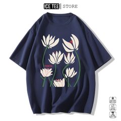 Áo Thun Nữ, Áo Phông Nam Nữ Unisex Tay Lỡ ICETEE Mã i40 Hình in Bông Sen Cute Chất Cotton Form Rộng Phong Cách Ulzzang