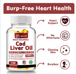 (120viên) Viên nang mềm dầu gan cá tuyết Grevip Iceland - Dầu cá EPA DHA Omega 3 đánh bắt tự nhiên 1000mg mỗi khẩu phần - Vitamin D3 & A cho tim, khớp, não và hỗ trợ miễn dịch