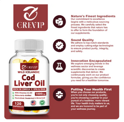 (60 viên) Viên nang mềm dầu gan cá tuyết Grevip Iceland - Dầu cá EPA DHA Omega 3 đánh bắt tự nhiên 1000mg mỗi khẩu phần - Vitamin D3 & A cho tim, khớp, não và hỗ trợ miễn dịch