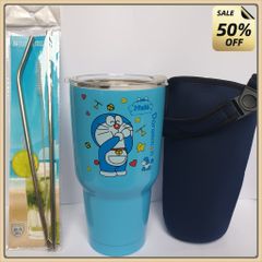 ĐỦ BỘ LY GIỮ NHIỆT DOREMON XANH 900ML CÓ TÚI, 2 ỐNG HÚT, CỌ - Ly giữ nhiệt 900ml Thái Lan kèm túi đựng