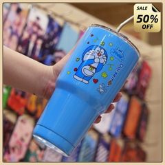 ĐỦ BỘ LY GIỮ NHIỆT DOREMON XANH 900ML CÓ TÚI, 2 ỐNG HÚT, CỌ - Ly giữ nhiệt 900ml Thái Lan kèm túi đựng