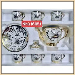 Bộ ấm chén uống trà 6 tách kèm 7 dĩa sang trọng hoa văn nhũ vàng hoàng gia cao cấp mẫu ngẫu nhiên