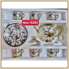 Bộ ấm chén uống trà 6 tách kèm 7 dĩa sang trọng hoa văn nhũ vàng hoàng gia cao cấp mẫu ngẫu nhiên