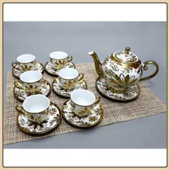 Bộ ấm chén uống trà 6 tách kèm 7 dĩa sang trọng hoa văn nhũ vàng hoàng gia cao cấp mẫu ngẫu nhiên