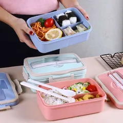 Hộp cơm văn phòng 3 ngăn tiện lợi kiêm giá đỡ điện thoại, kèm muỗng đũa bằng lúa mạch