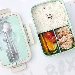 Hộp cơm văn phòng 3 ngăn tiện lợi kiêm giá đỡ điện thoại, kèm muỗng đũa bằng lúa mạch