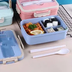 Hộp cơm văn phòng 3 ngăn tiện lợi kiêm giá đỡ điện thoại, kèm muỗng đũa bằng lúa mạch